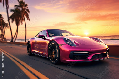 Luxury fast pink sport car on the road by the sea © stock_acc