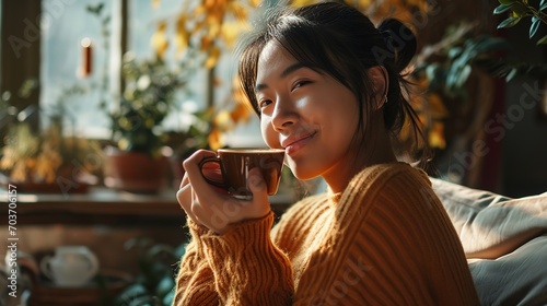 Happy asian woman relaxing drinking hot coffee or tea in holiday morning vacation on armchair at home, Cosy scene, Smiling pretty woman drinking hot tea in autumn winter