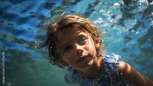 A boy in a swimsuit is swimming underwater.