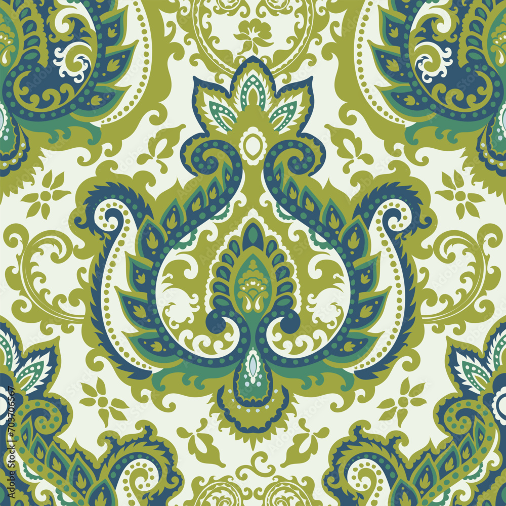 Retro paisley print with leaves and blooming flora Retro paisley print with leaves and blooming flora