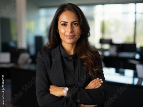 Hispanic smiling toothy Latino Indian successful confident Arabian businesswoman worker lady boss female leader girl business woman posing crossed hands looking at camera in office corporate portrait 