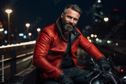 Portrait of a handsome bearded man in a red leather jacket sitting on a motorcycle.