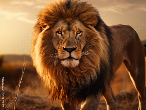 image of dangerous powerful lion with fluffy mane looking away in savanna  © Business Pics