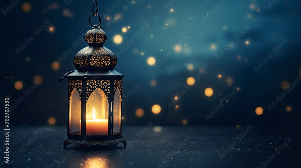 Arabic Lantern With Glowing Light Burning Candle on Night Sky Background on left, empty space on right, copy space - generative ai Arabic Lantern With Glowing Light Burning Candle on Night Sky Background on left, empty space on right, copy space - generative ai