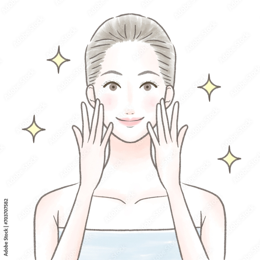 両手を顔に当て綺麗な肌に喜ぶバスタオルを巻いた女性