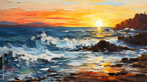 sunrise over the sea wave. Oil color painting. © Sudjai