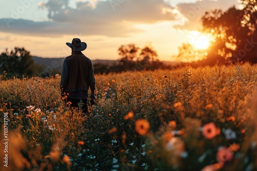 farmer inspects hay meadow at sunset photo