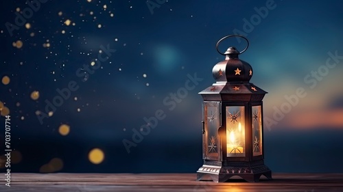 Arabic Lantern With Glowing Light Burning Candle on Night Sky Background on left, empty space on right, copy space - generative ai