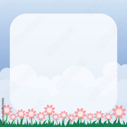 Cute kawaii meadow with clouds and flower cartoon background with framework