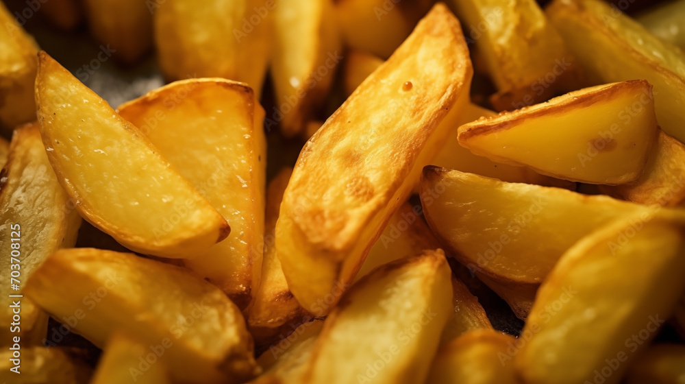 Extreme close-up of fried potatoes. Food photography