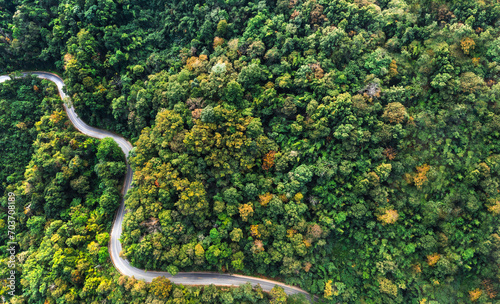 Fototapeta Naklejka Na Ścianę i Meble -  Aerial view of a road in the middle of the forest , road curve construction up to mountain, Autumn Tones of Aerial top view forest tree