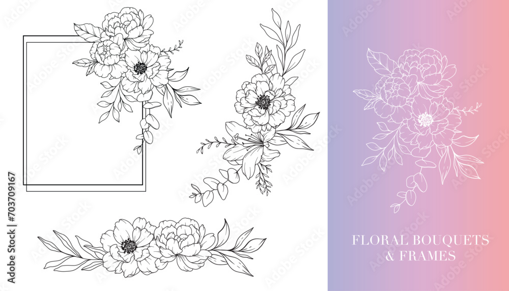 Obraz premium Peony Line Drawing. Floral Frames and Bouquets. Floral Line Art. Fine Line Peony Frames Hand Drawn Illustration. Hand Drawn Outline Magnolias. Botanical Coloring Page. Peony Isolated