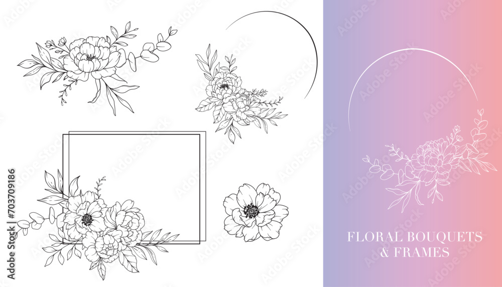 Peony Line Drawing. Floral Frames and Bouquets. Floral Line Art. Fine Line Peony Frames Hand Drawn Illustration. Hand Drawn Outline Magnolias. Botanical Coloring Page. Peony Isolated