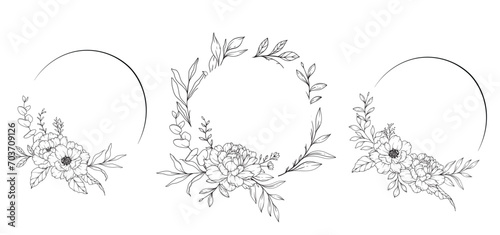 Peony Line Drawing. Black and white Floral Frames. Floral Line Art. Fine Line Peony illustration. Hand Drawn Outline flowers. Botanical Coloring Page. Wedding invitation flowers #703709126