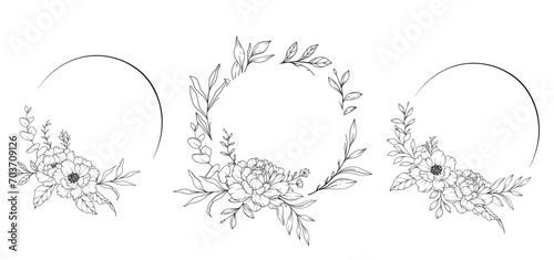 Peony Line Drawing. Black and white Floral Frames. Floral Line Art. Fine Line Peony illustration. Hand Drawn Outline flowers. Botanical Coloring Page. Wedding invitation flowers