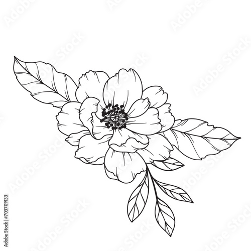 Peony Line Drawing. Black and white Floral Bouquets. Flower Coloring Page. Floral Line Art. Fine Line Peony illustration. Hand Drawn flowers. Botanical Coloring. Wedding invitation flowers