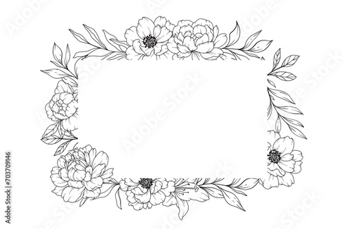 Peony Line Drawing. Black and white Floral Frames. Floral Line Art. Fine Line Peony illustration. Hand Drawn Outline flowers. Botanical Coloring Page. Wedding invitation flowers