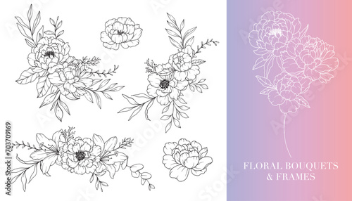 Peony Line Drawing. Floral Frames and Bouquets. Floral Line Art. Fine Line Peony Frames Hand Drawn Illustration. Hand Drawn Outline Magnolias. Botanical Coloring Page. Peony Isolated