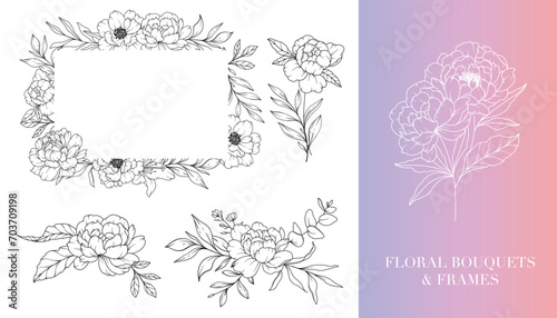 Peony Line Drawing. Floral Frames and Bouquets. Floral Line Art. Fine Line Peony Frames Hand Drawn Illustration. Hand Drawn Outline Magnolias. Botanical Coloring Page. Peony Isolated