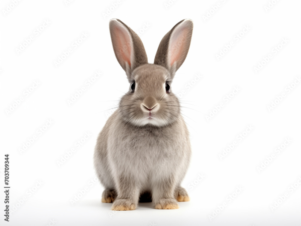 Front view of cute gray rabbit or bunny isolated on white background