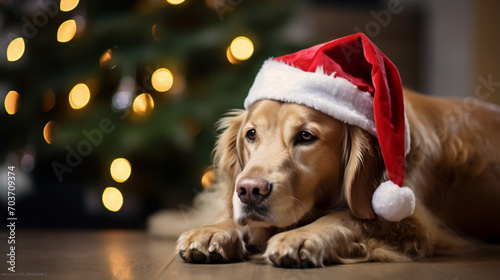 dog wearing a christmas hat sit next to the christmas tree, AI Generative.