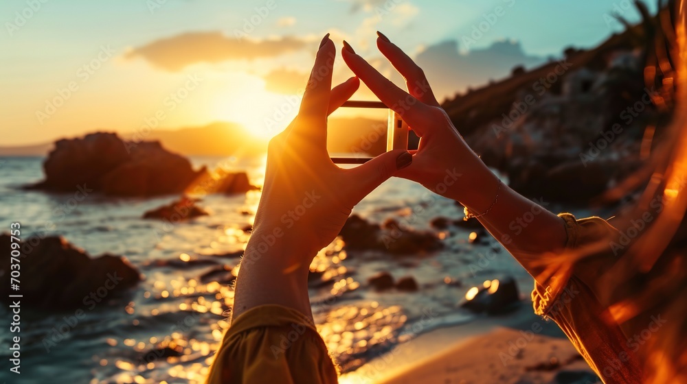 Travel planning concept, Close up of tourist woman hands making frame gesture on the sea beach with sunset, Female capturing the sunrise