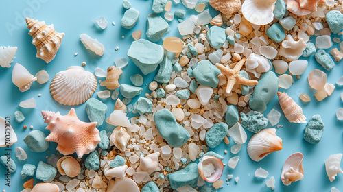 Colorful Seashells on Blue Background