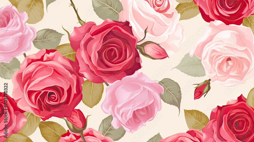 Beautiful roses background illustration. White, pink, and red flowers pattern.
