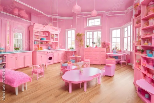 Fancy doll house interior  children toy  lots of pink plastic  pastel colors  kitchen beautiful view