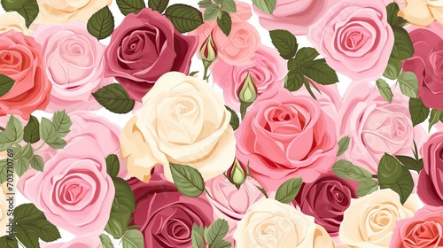 Beautiful roses background illustration. White  pink  and red flowers pattern.