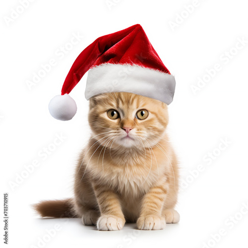 Cat wearing a christmas hat isolated on white background, AI Generative. © Miry Haval