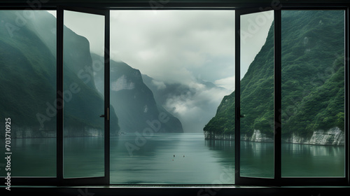 three gorges, view from the wooden window	 photo