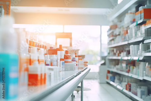 Pharmacy store blurred background without people. AI generative photo
