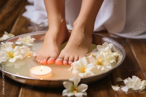 Foot spa. Close-up of female feet in a bowl of water and white f