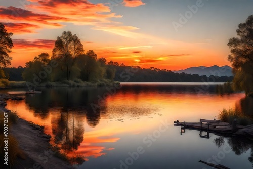 An image of a vibrant sunset over a serene lake, with colorful reflections shimmering on the water © Zoraiz