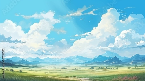 The color sketch of a landscape with mountains and sky.