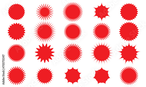 Collection of red price sticker, sunburst badges.Starburst vintage labels, Vector illustration Set of red price sticker, Sunburst badges icons. Stars shape with different number of rays. Red starburst