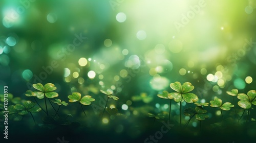 Saint Patrick day abstract background. Green clover leaves on beautiful bokeh background. Holiday concept.