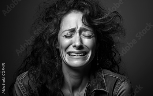Mid-aged woman is crying, black and white photo
