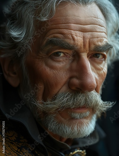 The Face Of An Elderly Man With Gray Hair And A Mustache. Illustration On The Theme Of Fantasy And Fairy Tales, Images And People. Generative AI