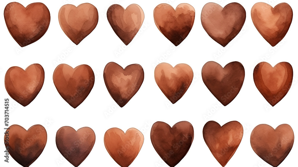 Brown watercolor hearts isolated on white background, generative ai