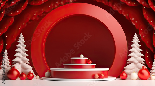 Christmas 3d rendering scene podium display with Xmas objects abstract background. 