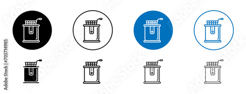 Restaurant deep fryer line icon set. Electric fryer symbol in black and blue color. photo