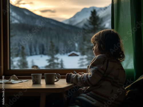 Little girl in a cosy norwegian jumper looking out the window of a cabin. Winter concept