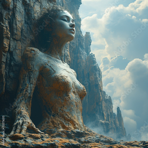 AI Deity - A towering AI goddess overlooking a network of global pathways, blending organic and technological forms Gen AI