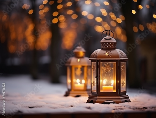 Lit up candle at an outdoor table of a restaurant in winter, cosy atmosphere, bokeh
