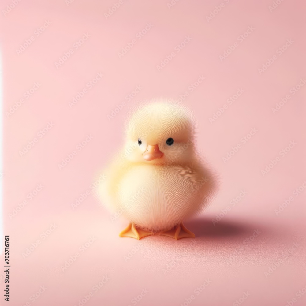 Сute fluffy yellow baby duck bird toy on a pastel pink background. Minimal adorable animals concept. Wide screen wallpaper. Web banner with copy space for design.