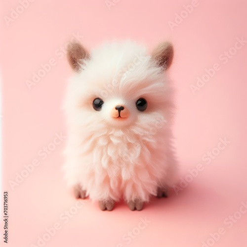 Сute fluffy white baby lama toy on a pastel pink background. Minimal adorable animals concept. Wide screen wallpaper. Web banner with copy space for design.