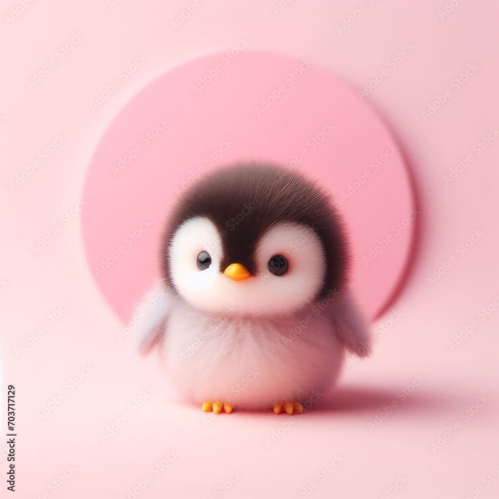 Сute fluffy baby penguin bird toy on a pastel pink background. Minimal adorable animals concept. Wide screen wallpaper. Web banner with copy space for design. - obrazy, fototapety, plakaty 