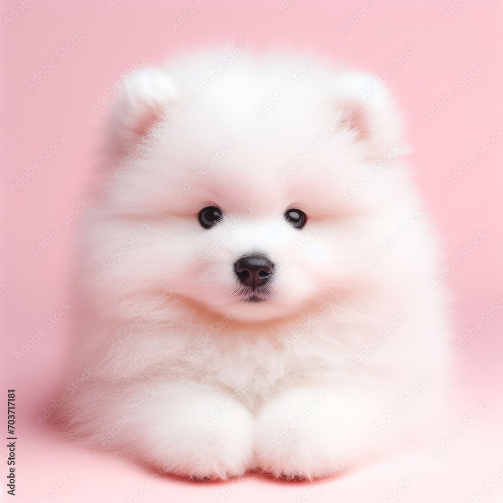 Сute fluffy white samoyed spitz puppy toy on a pastel pink background. Minimal adorable animals concept. Wide screen wallpaper. Web banner with copy space for design. Сute fluffy white samoyed spitz puppy toy on a pastel pink background. Minimal adorable animals concept. Wide screen wallpaper. Web banner with copy space for design.
